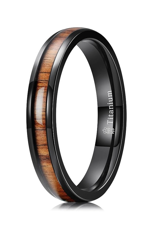 Genuine Titanium Black 4mm Ring Center Inlaid Rosewood Wedding Band Hammered Wood Titanium Rings