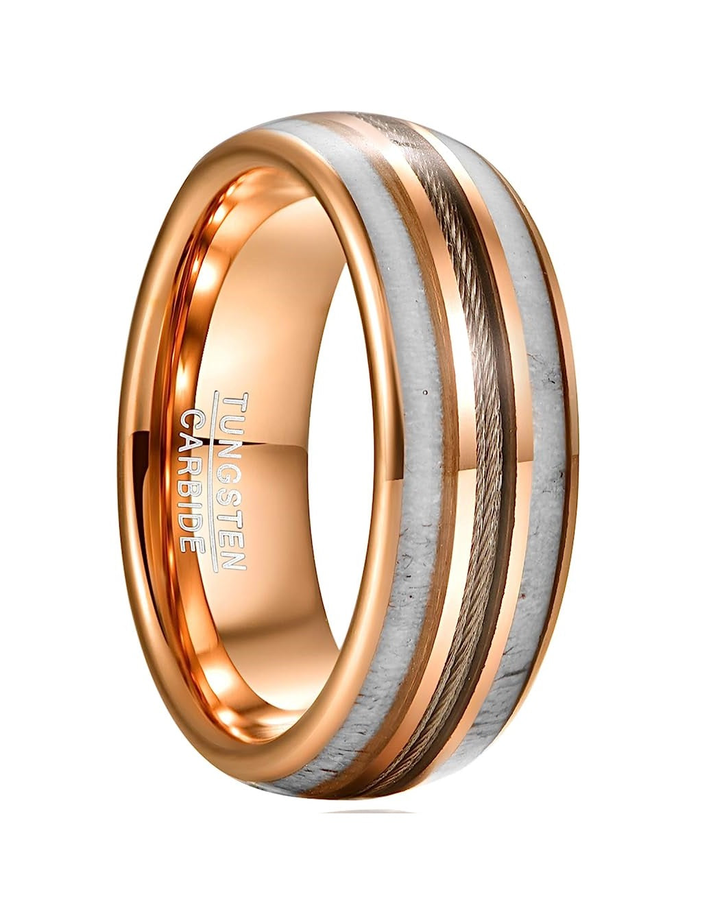 Genuine Carbide Tungsten Color: 8mm Rose Gold RING Guitar Wire string Antlers Inner high polished inner-face design smooth and shiny. Comfort Fit Wedding Band Size 6-15