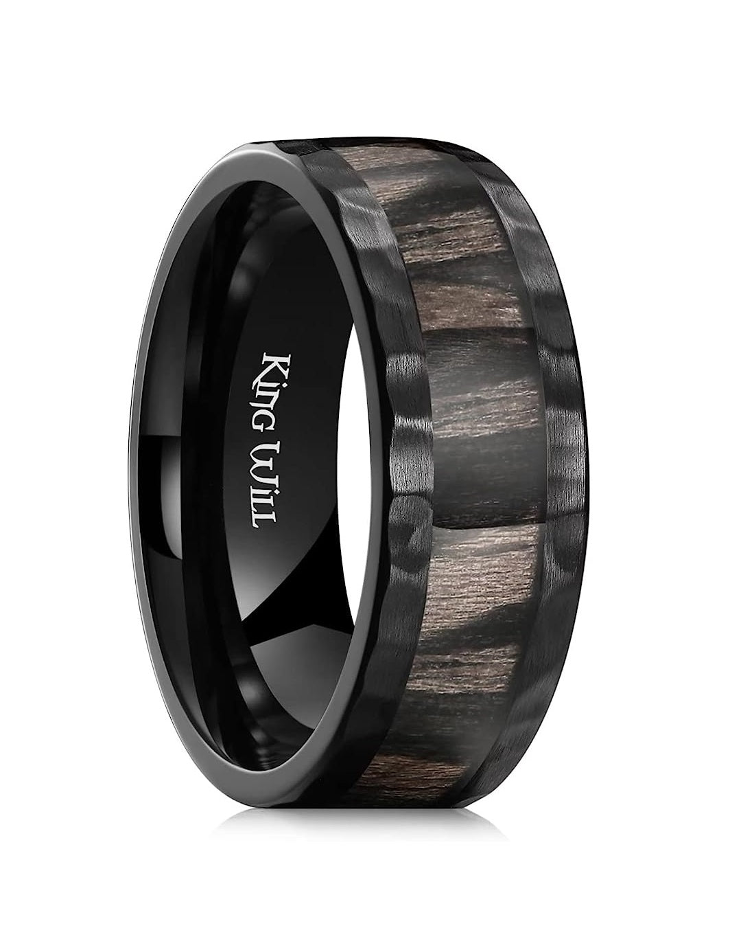 Genuine Titanium 8mm Ring Black Hammered Center Inlaid Wood Wedding Band, Hammer and Wood inlay Perfect Combination. High Polished Comfort Fit