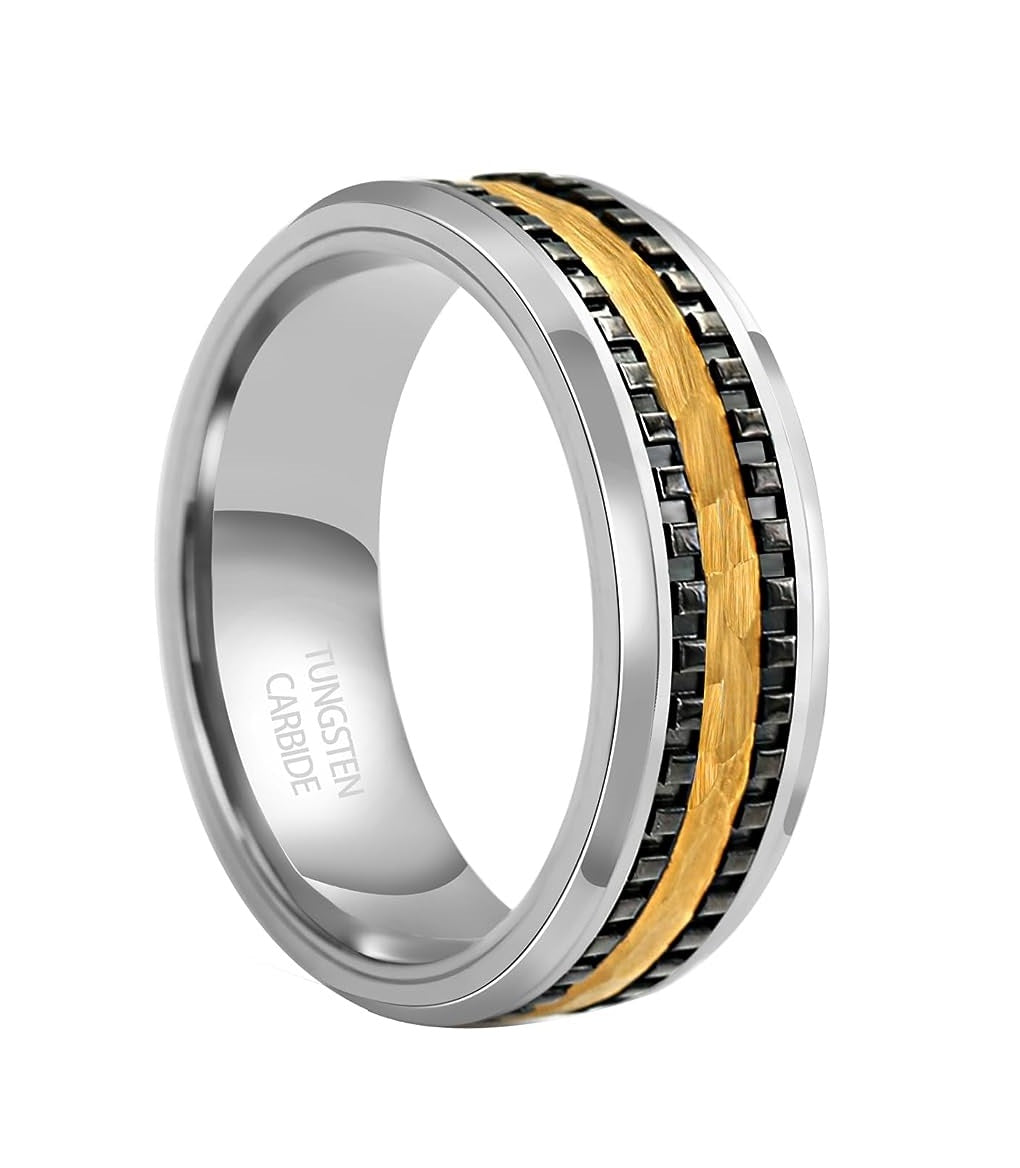 Genuine Carbide Tungsten Color: Hammered Multi Faceted 8MM Black Gold Silver Design Inlay High Polished inner-face design smooth and shiny. Comfort Fit Wedding Band Size 6-15