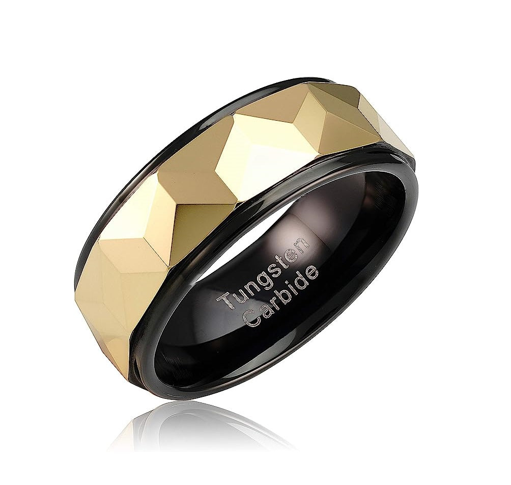 Genuine Carbide Tungsten Color: HEAVY DUTY Multi Faceted 8MM Black Gold Design Inlay High Polished inner-face design smooth and shiny. Comfort Fit Wedding Band Size 6-15