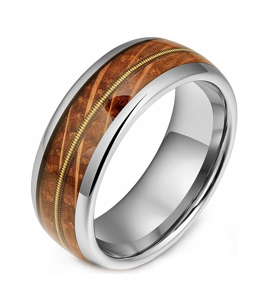 Genuine Carbide Tungsten Color: 8mm Wood Silver Golden guitar string inlay High Polished inner-face design smooth and shiny. Comfort Fit Wedding Band Size 6-15