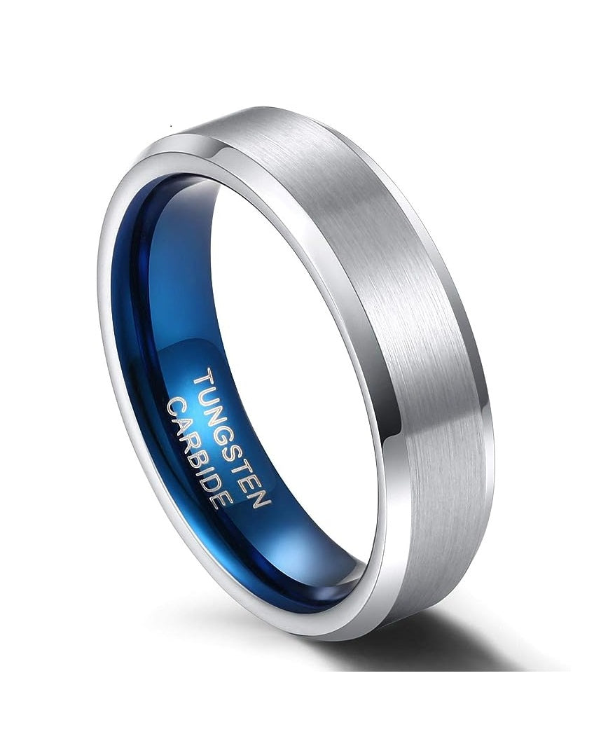 Genuine Carbide Tungsten Color: 6MM BLUE SILVER BRUSHED Design Inlay High Polished inner-face design smooth and shiny. Comfort Fit Wedding Band Size 6-15