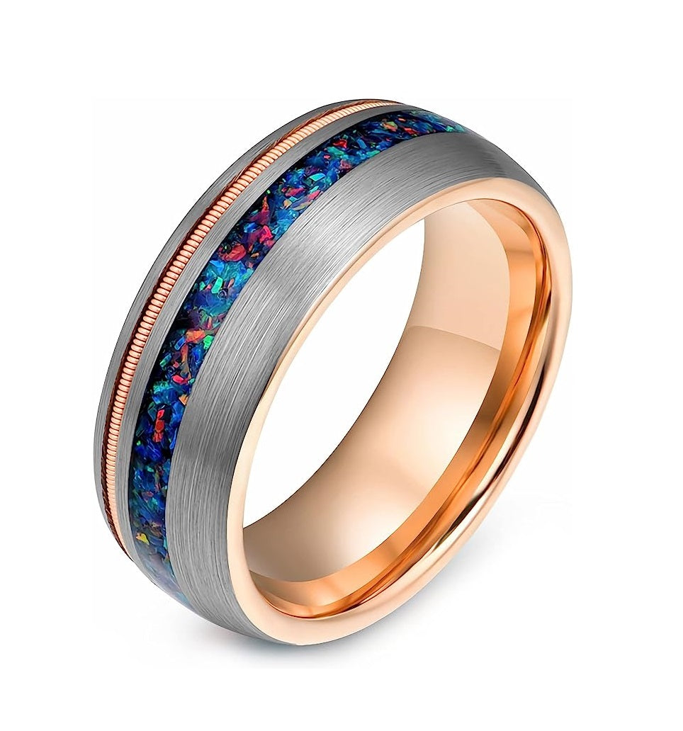 Genuine Carbide Tungsten Color: 8mm Rose Gold opal Silver brushed guitar string inlay High Polished inner-face design smooth and shiny. Comfort Fit Wedding Band Size 6-15