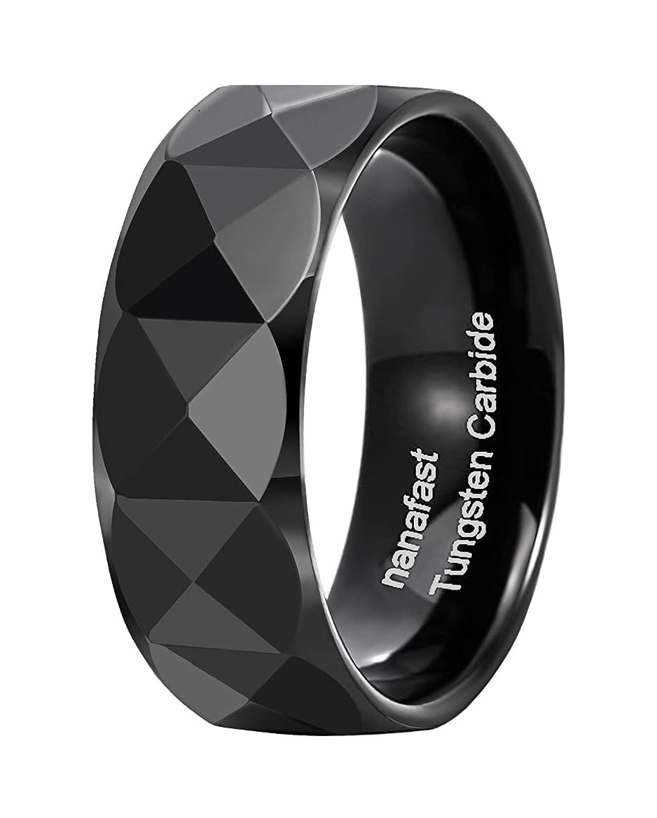 Genuine Carbide Tungsten Color: 8MM BLACK Multi faceted Design Inlay High Polished inner-face design smooth and shiny. Comfort Fit Wedding Band Size 6-15