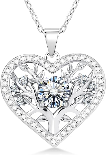 ONE :💎Pendant TREE HEART Necklace💎MOISSANITE DIAMOND 18k WHITE GOLD PLATED OVER 925 STERLNG SILVER