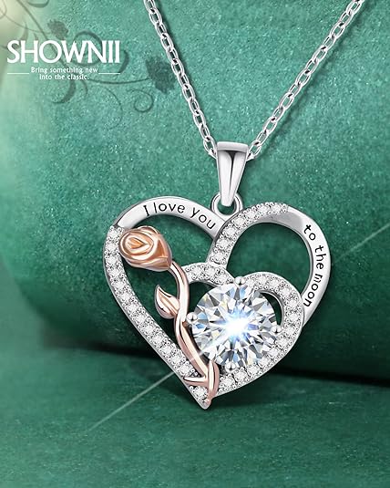 ONE :💎Pendant FLOWER HEART Necklace💎MOISSANITE DIAMOND 18k WHITE GOLD PLATED OVER 925 STERLNG SILVER