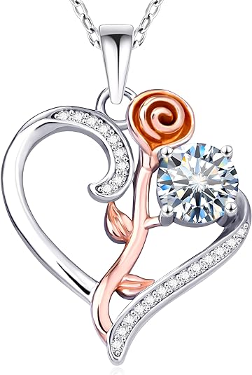 ONE :💎Pendant FLOWER ROSE HEART Necklace💎MOISSANITE DIAMOND 18k WHITE GOLD PLATED OVER 925 STERLNG SILVER