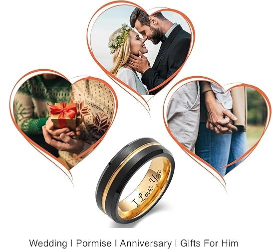 8mm Genuine Tungsten Carbide "I Love You" Engraved Inside RING" Black Brushed  8mm, Rose Gold Line Center-Band Width 8mm Ring Comfort fit