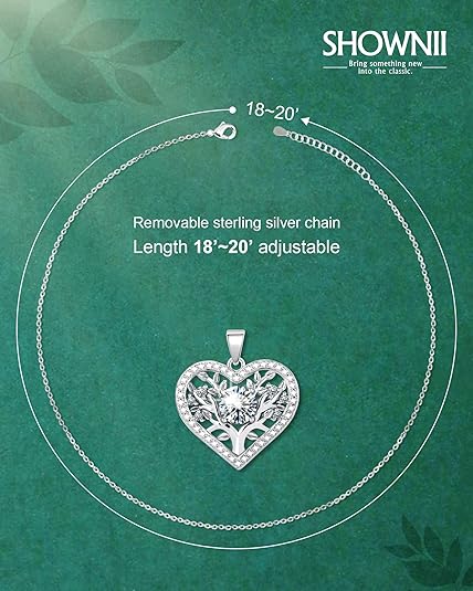 ONE :💎Pendant TREE HEART Necklace💎MOISSANITE DIAMOND 18k WHITE GOLD PLATED OVER 925 STERLNG SILVER