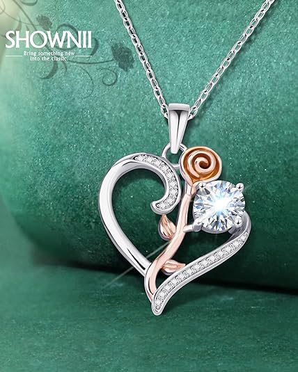 ONE :💎Pendant FLOWER ROSE HEART Necklace💎MOISSANITE DIAMOND 18k WHITE GOLD PLATED OVER 925 STERLNG SILVER