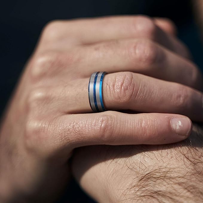 8mm Genuine Tungsten Carbide "I love you" engraved in the inside of the band" Brushed Silver Ring  8mm, Blue Line Center-Band Width 8mm Comfort fit