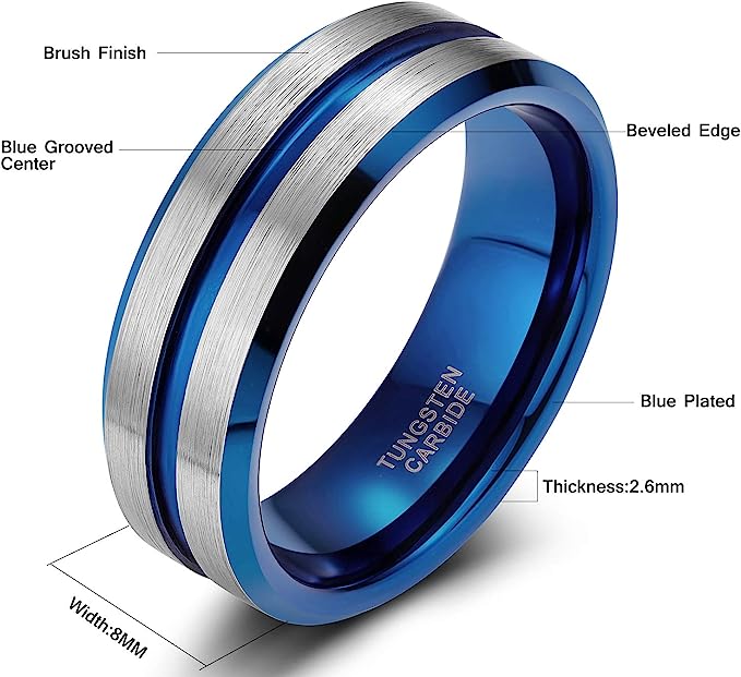 8mm Genuine Tungsten Carbide Brushed Silver Ring  8mm, Blue Line Center-Band Width 8mm Comfort fit