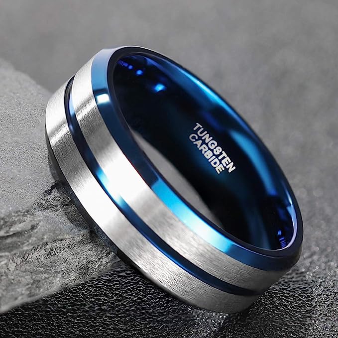 8mm Genuine Tungsten Carbide Brushed Silver Ring  8mm, Blue Line Center-Band Width 8mm Comfort fit