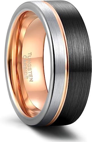 8mm Genuine Tungsten Carbide Black/Silver/Rose Gold Thin Groove Line Comfort Fit Size 6-15