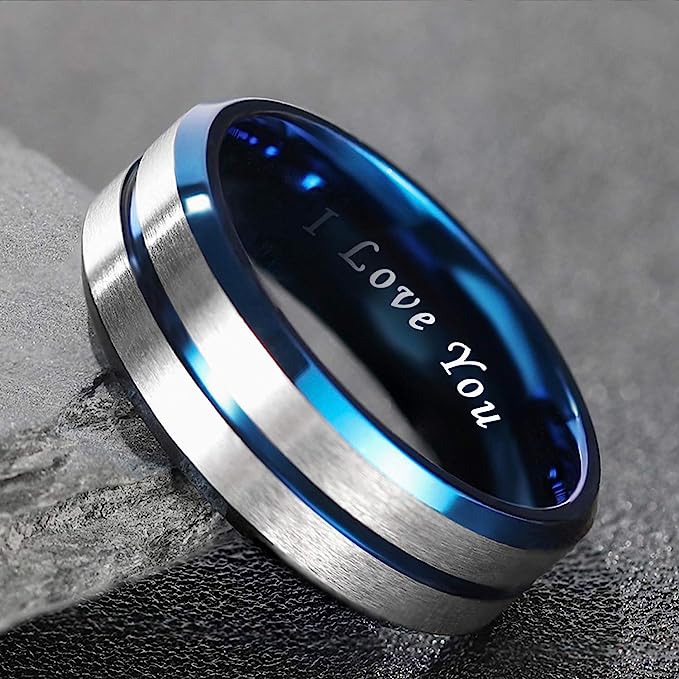 8mm Genuine Tungsten Carbide "I love you" engraved in the inside of the band" Brushed Silver Ring  8mm, Blue Line Center-Band Width 8mm Comfort fit