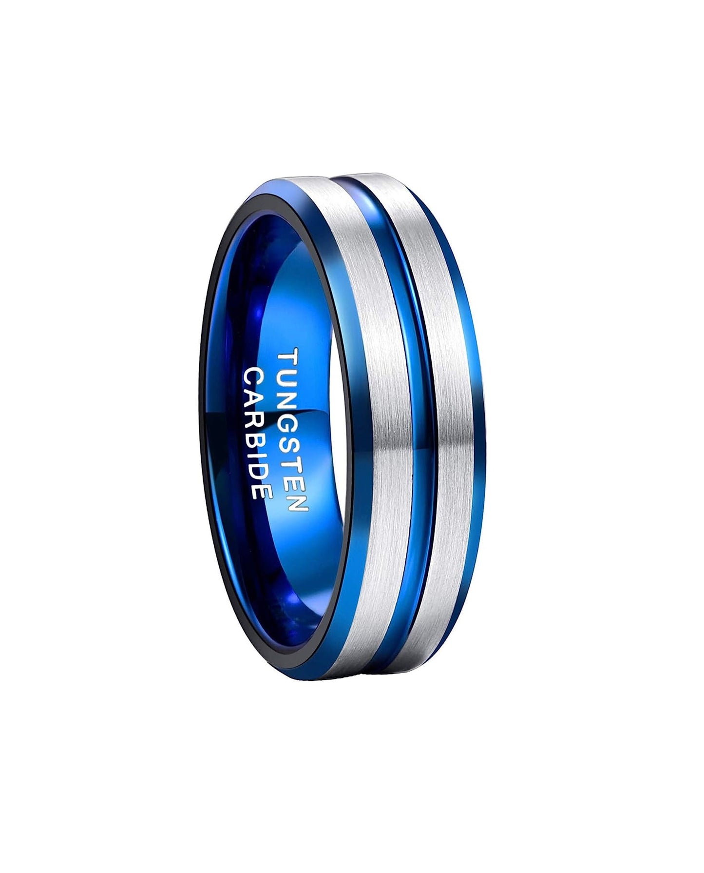 8mm Genuine Tungsten Carbide Brushed Silver Ring  8mm, Blue Line Center-Band Width 8mm Comfort fit