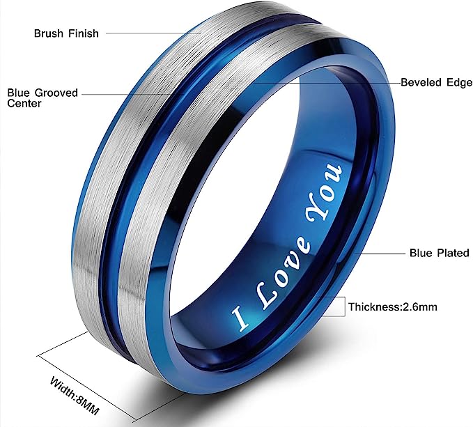 8mm Genuine Tungsten Carbide "I love you" engraved in the inside of the band" Brushed Silver Ring  8mm, Blue Line Center-Band Width 8mm Comfort fit