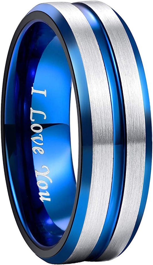 8mm Genuine Tungsten Carbide "I love you" engraved in the inside of the band" Brushed Silver Ring  8mm, Blue Line Center-Band Width 8mm Comfort fit