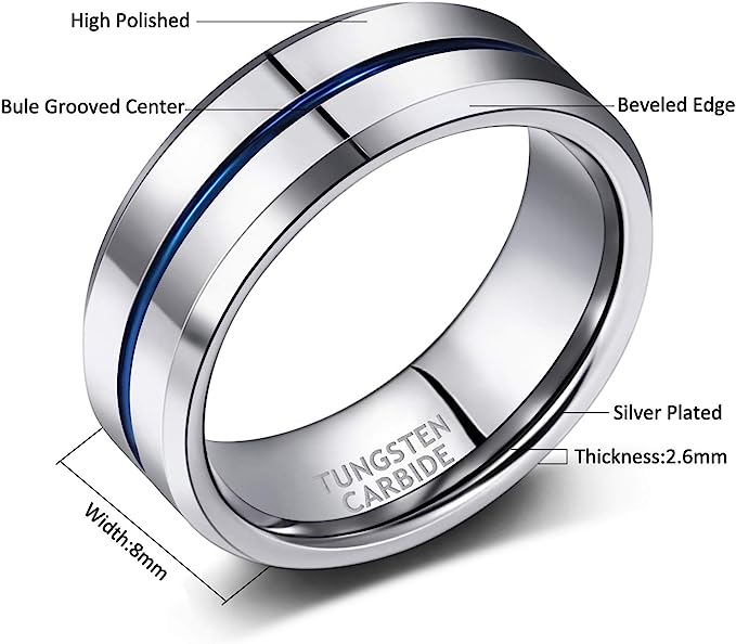 8mm Genuine Tungsten Carbide Silver Ring  8mm, Blue Line Center-Band Width 8mm Comfort fit