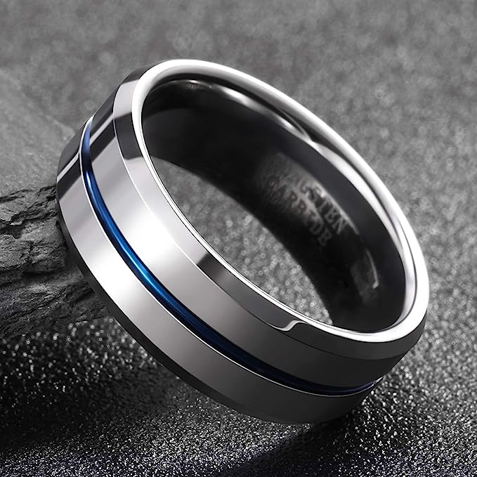 8mm Genuine Tungsten Carbide Silver Ring  8mm, Blue Line Center-Band Width 8mm Comfort fit