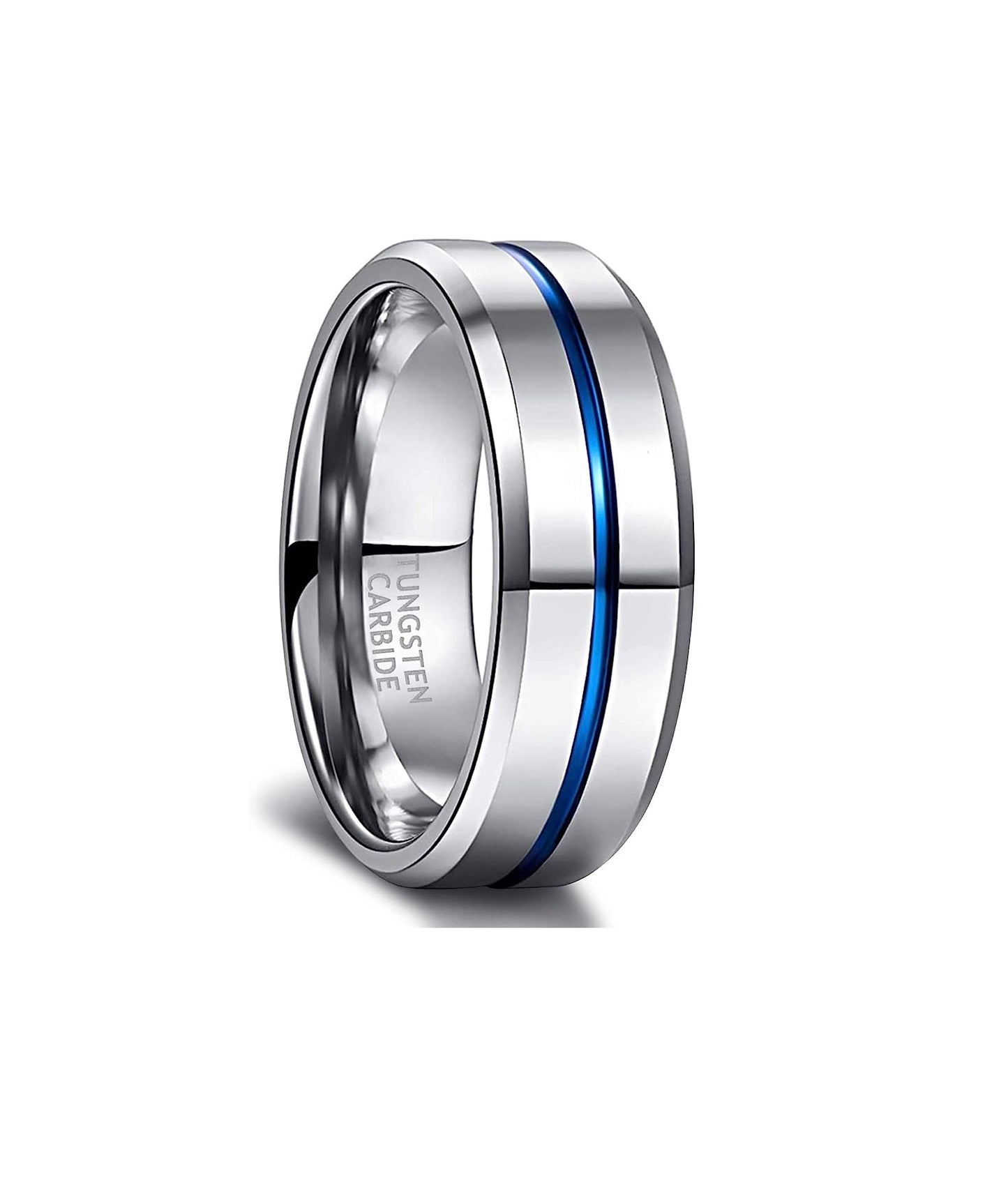 8mm Genuine Tungsten Carbide Silver Ring  8mm, Blue Line Center-Band Width 8mm Comfort fit