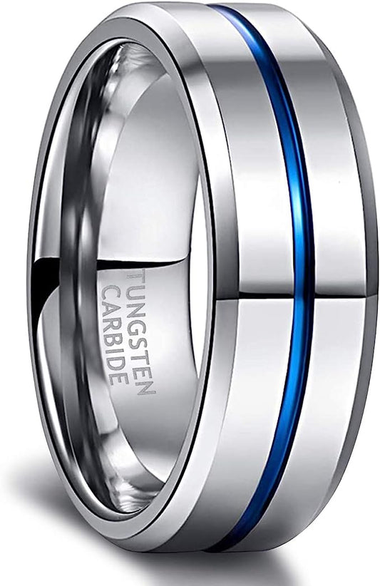 8mm Genuine Tungsten Carbide Silver Ring  8mm, Blue Line Center-Band Width 8mm Comfort fit