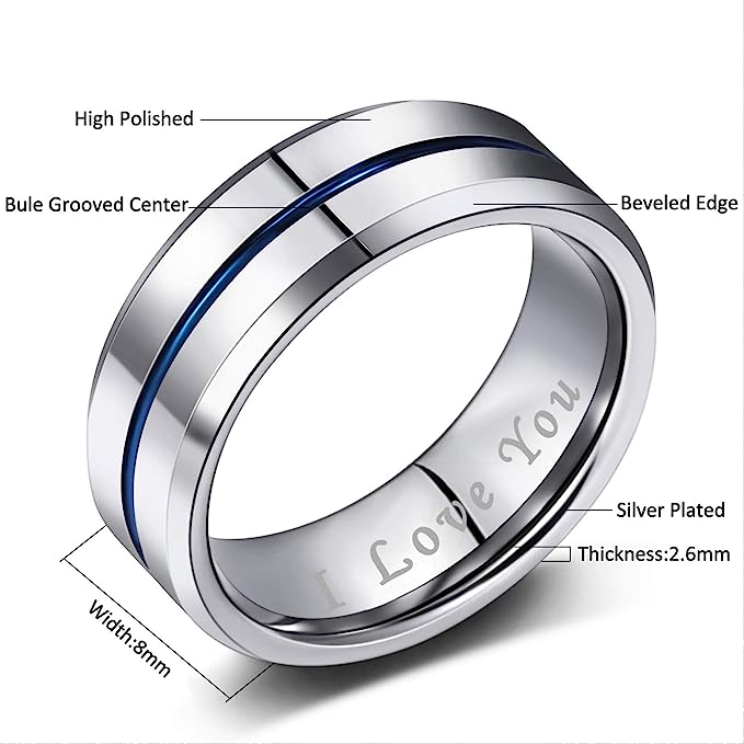 8mm Genuine Tungsten Carbide "I love you" engraved in the inside of the band Silver  8mm, Blue Line Center-Band Width 8mm Ring Comfort fit