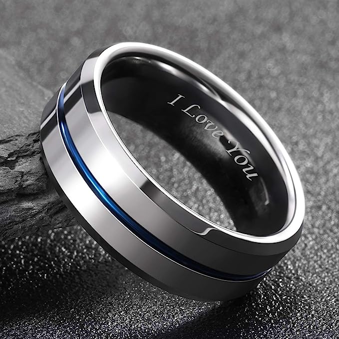 8mm Genuine Tungsten Carbide "I love you" engraved in the inside of the band Silver  8mm, Blue Line Center-Band Width 8mm Ring Comfort fit