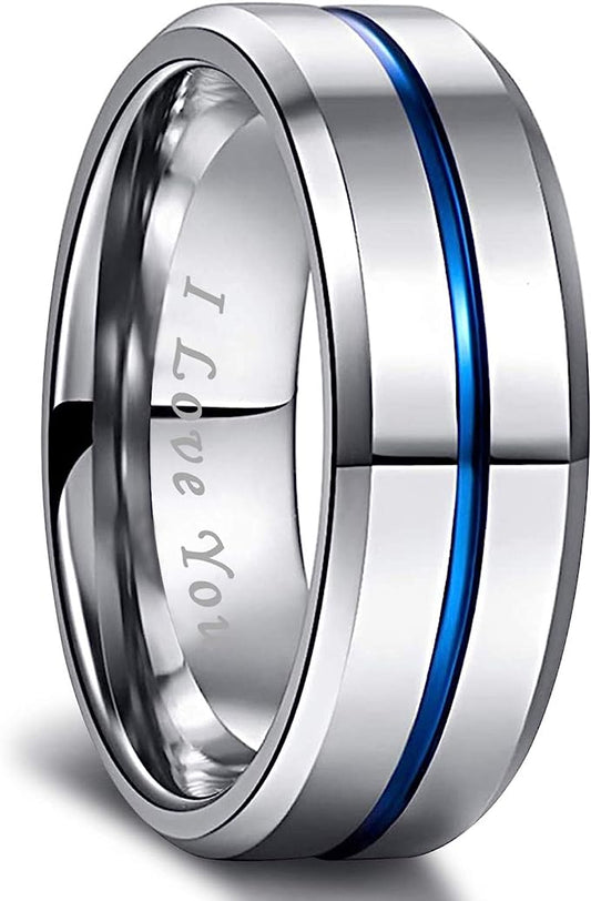 8mm Genuine Tungsten Carbide "I love you" engraved in the inside of the band Silver  8mm, Blue Line Center-Band Width 8mm Ring Comfort fit