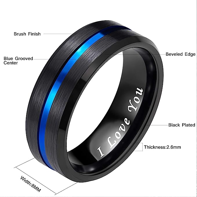 8mm Genuine Tungsten Carbide "I love you" engraved in the inside of the band Black Brushed  8mm, Blue Line Center-Band Width 8mm Ring Comfort fit