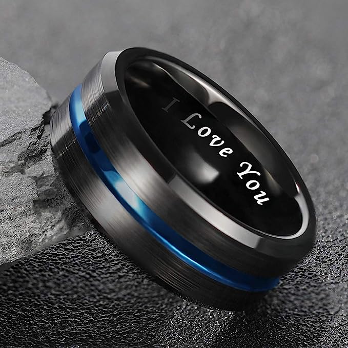 8mm Genuine Tungsten Carbide "I love you" engraved in the inside of the band Black Brushed  8mm, Blue Line Center-Band Width 8mm Ring Comfort fit