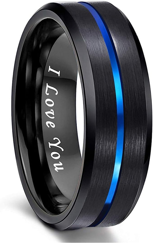 8mm Genuine Tungsten Carbide "I love you" engraved in the inside of the band Black Brushed  8mm, Blue Line Center-Band Width 8mm Ring Comfort fit