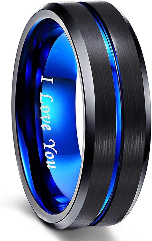 6mm Genuine Tungsten Carbide -"I Love You" Engraved Inside RING"  Black Brushed Blue Line Center -Band Width 6mm Ring Comfort fit