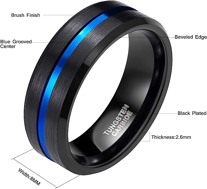 8mm Genuine Tungsten Carbide Black Brushed  8mm, Blue Line Center-Band Width 8mm Ring Comfort fit