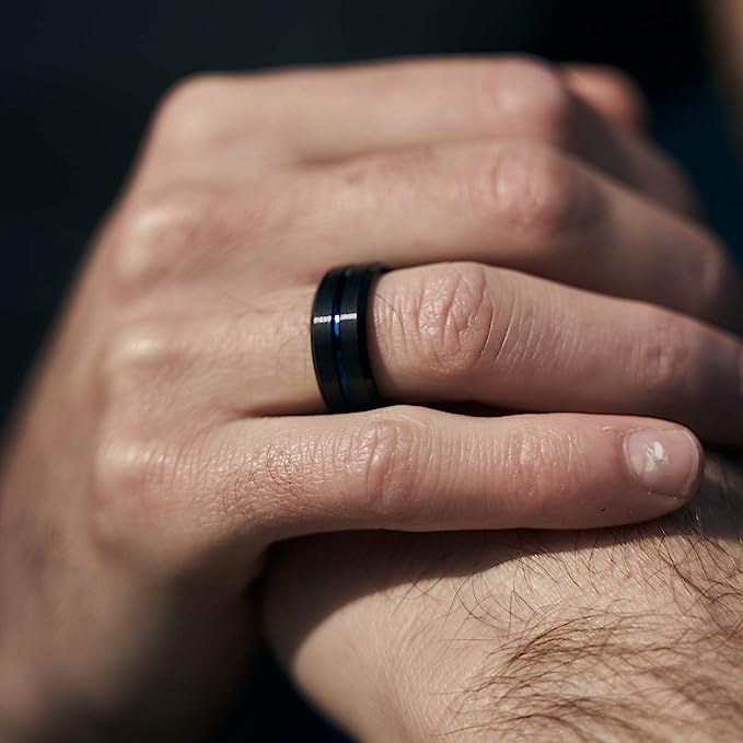 8mm Genuine Tungsten Carbide Black Brushed  8mm, Blue Line Center-Band Width 8mm Ring Comfort fit