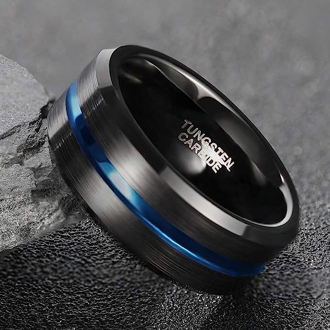 8mm Genuine Tungsten Carbide Black Brushed  8mm, Blue Line Center-Band Width 8mm Ring Comfort fit