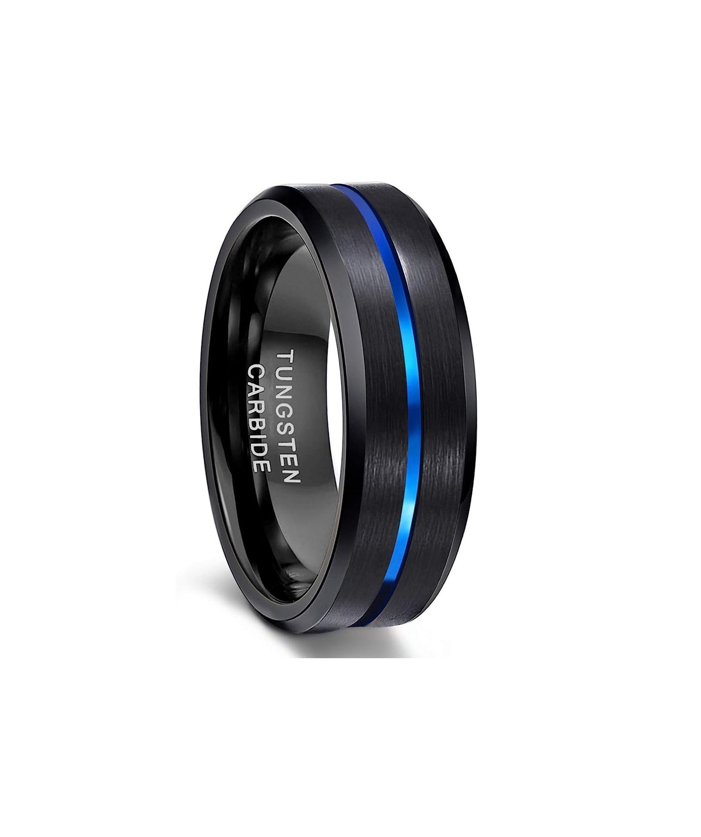 8mm Genuine Tungsten Carbide Black Brushed  8mm, Blue Line Center-Band Width 8mm Ring Comfort fit