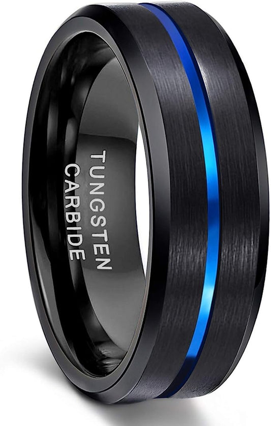 8mm Genuine Tungsten Carbide Black Brushed  8mm, Blue Line Center-Band Width 8mm Ring Comfort fit