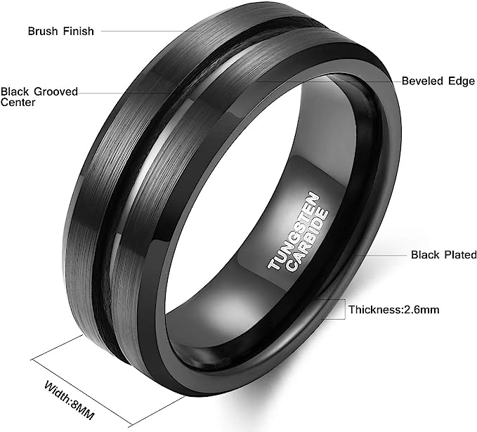 8mm Genuine Tungsten Carbide Black Brushed  8mm, Black Line Center-Band Width 8mm Ring Comfort fit