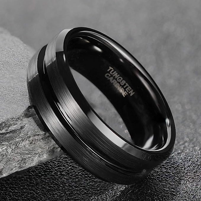 8mm Genuine Tungsten Carbide Black Brushed  8mm, Black Line Center-Band Width 8mm Ring Comfort fit