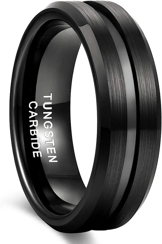 8mm Genuine Tungsten Carbide Black Brushed  8mm, Black Line Center-Band Width 8mm Ring Comfort fit