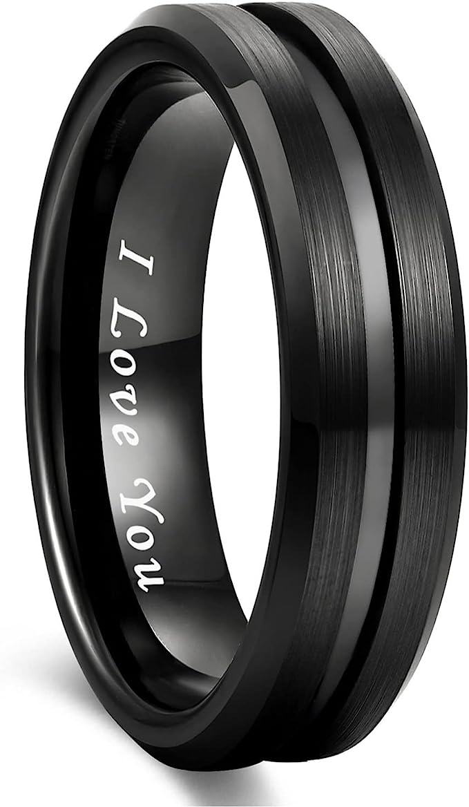 6mm Genuine Tungsten Carbide ''I LOVE YOU'' message engraved inside ring band; Black Brushed  6mm, Grey Line Center-Band Width 8mm Ring Comfort fit