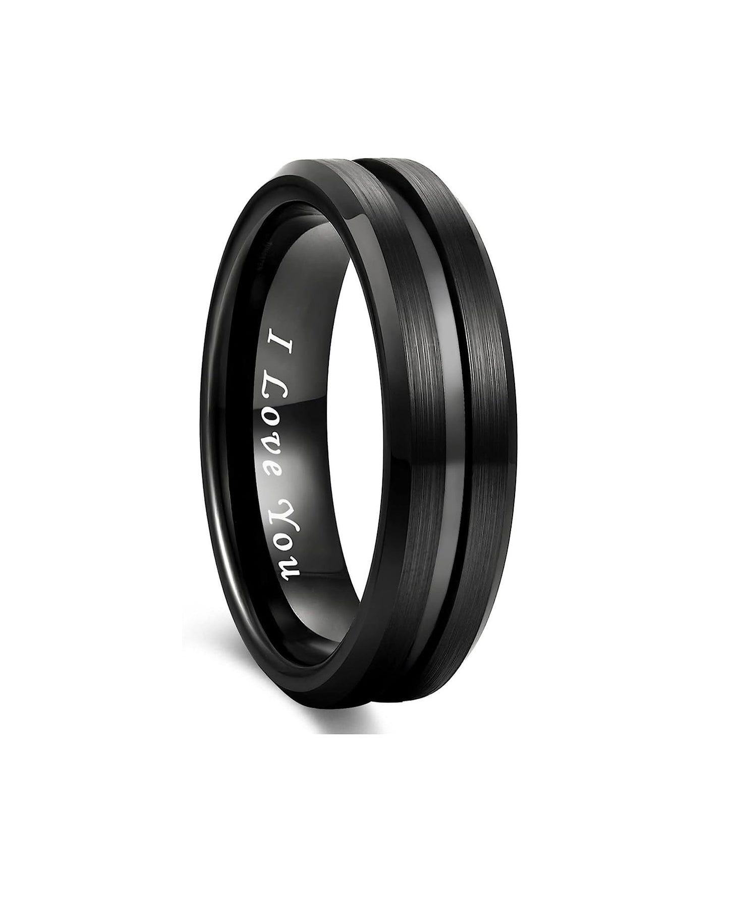 6mm Genuine Tungsten Carbide ''I LOVE YOU'' message engraved inside ring band; Black Brushed  6mm, Grey Line Center-Band Width 8mm Ring Comfort fit