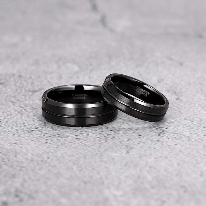 6mm Genuine Tungsten Carbide Black Brushed  6mm, Grey Line Center-Band Width 8mm Ring Comfort fit