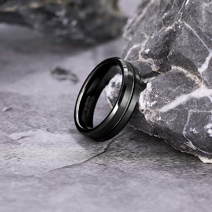 6mm Genuine Tungsten Carbide Black Brushed  6mm, Grey Line Center-Band Width 8mm Ring Comfort fit