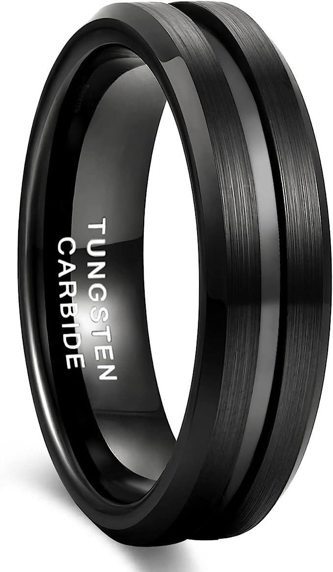 6mm Genuine Tungsten Carbide Black Brushed  6mm, Grey Line Center-Band Width 8mm Ring Comfort fit