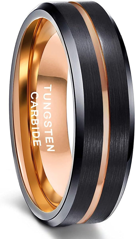 6mm Genuine Tungsten Carbide Black Brushed  6mm, Rose Gold Line Center-Band Width 8mm Ring Comfort fit