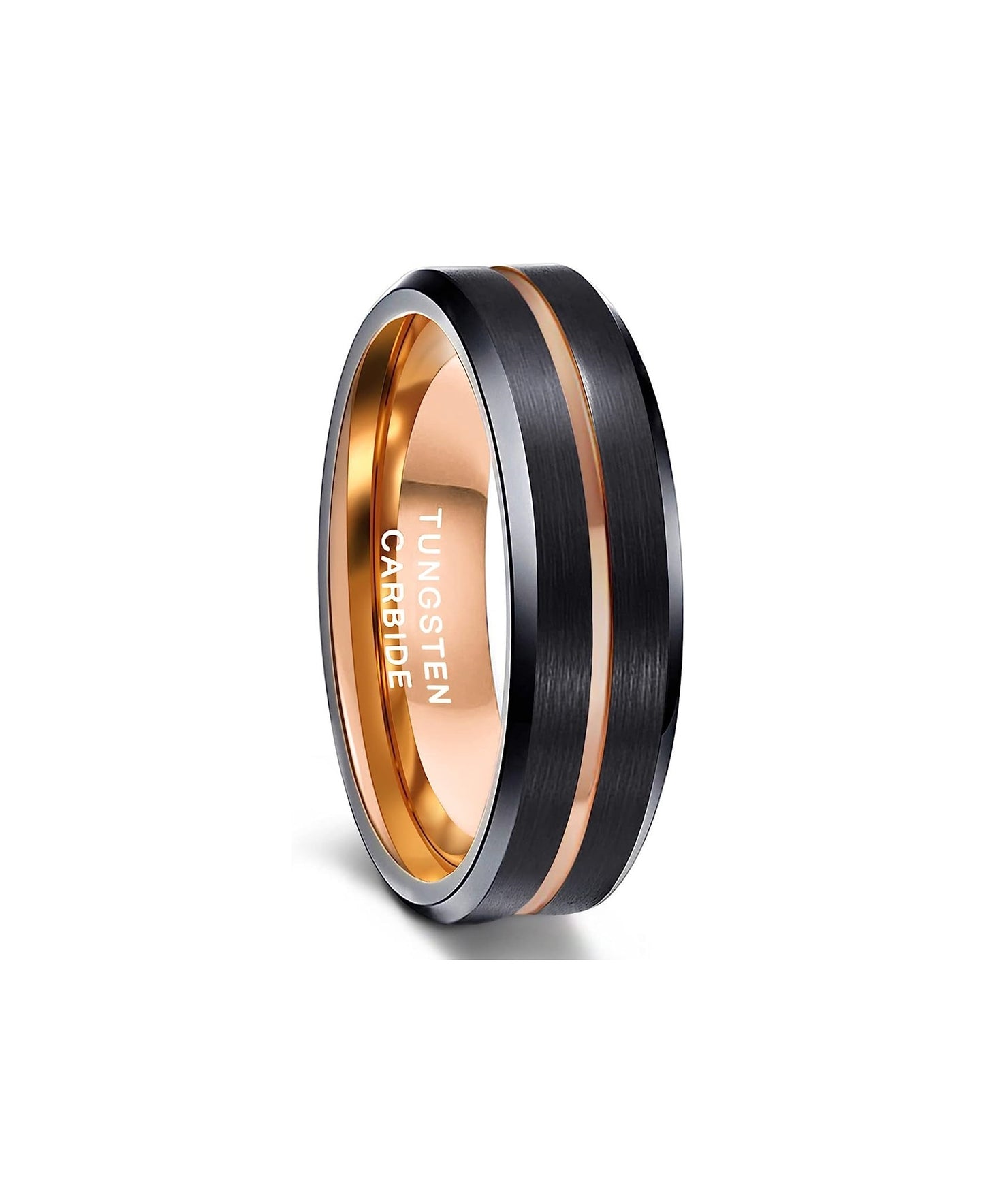 6mm Genuine Tungsten Carbide Black Brushed  6mm, Rose Gold Line Center-Band Width 8mm Ring Comfort fit