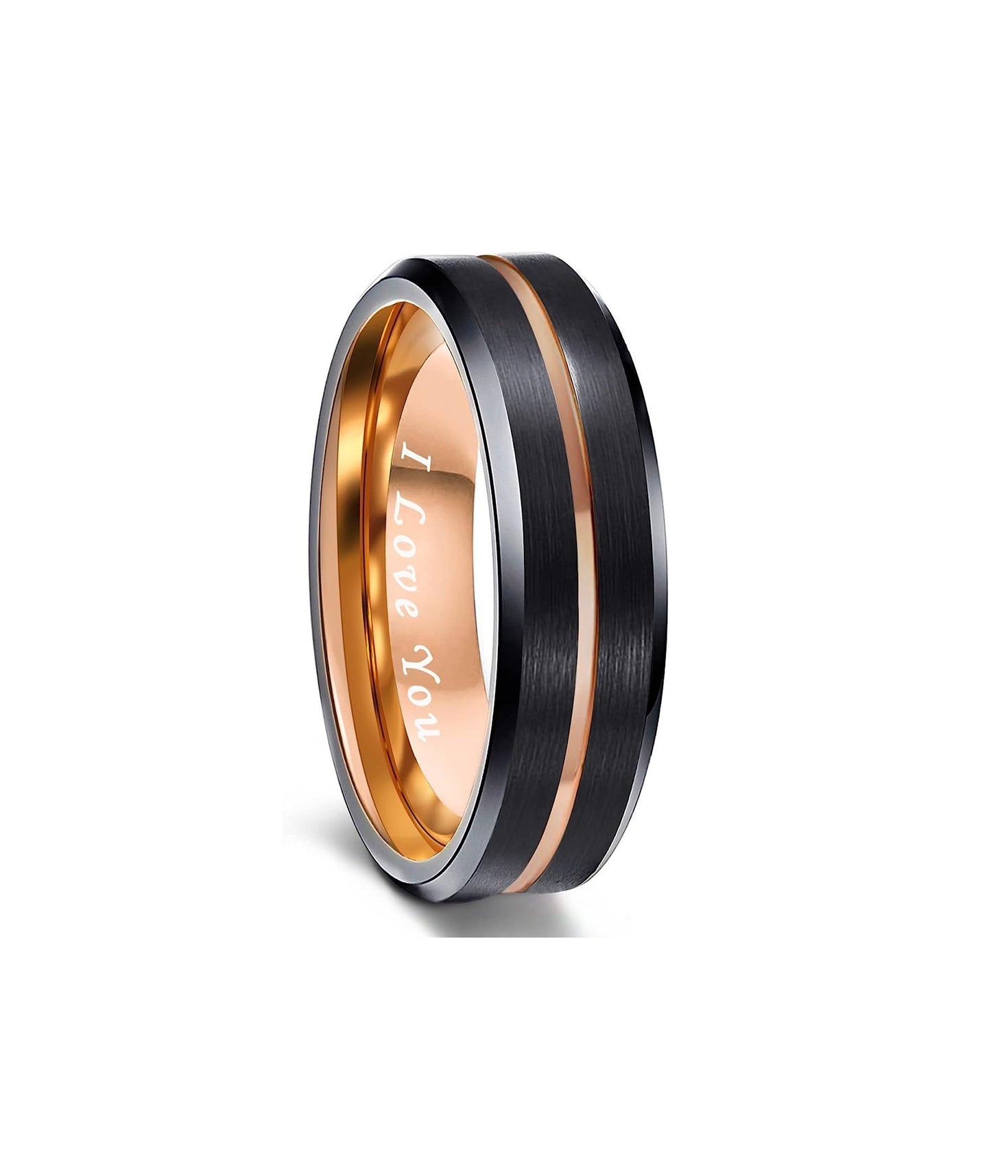 6mm Genuine Tungsten Carbide "I Love You" Engraved Inside RING" Black Brushed  Rose Gold Line Center-Band Width 6mm Ring Comfort fit